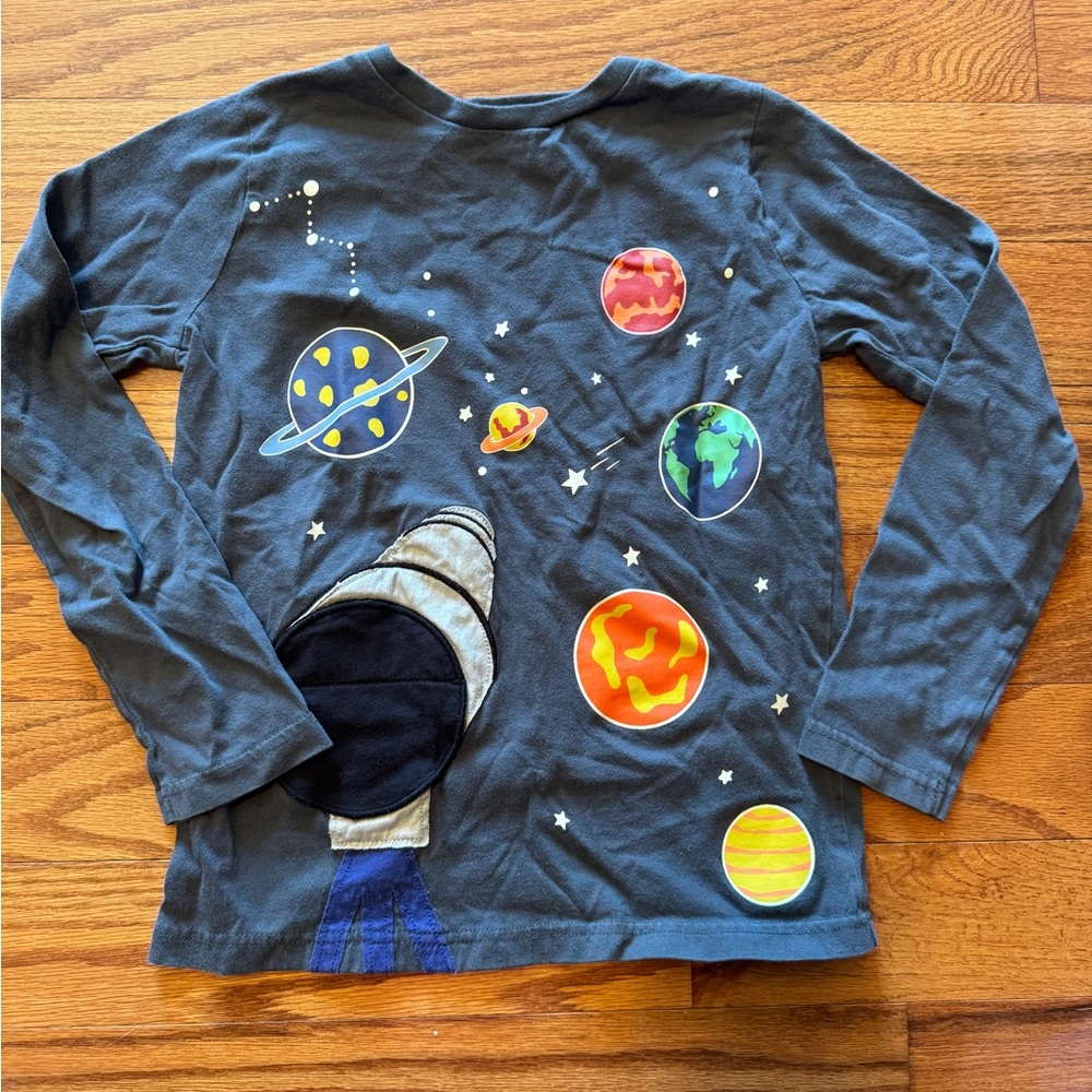 Mini Boden Space-Themed Kids Long Sleeve Shirt with flap